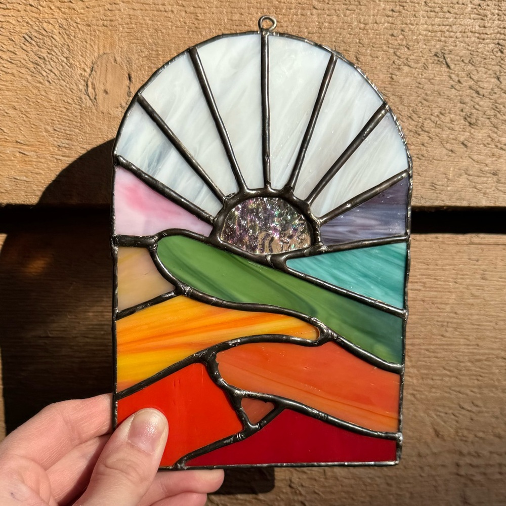 Vibrant Red and Green Glass Art Arched Window
